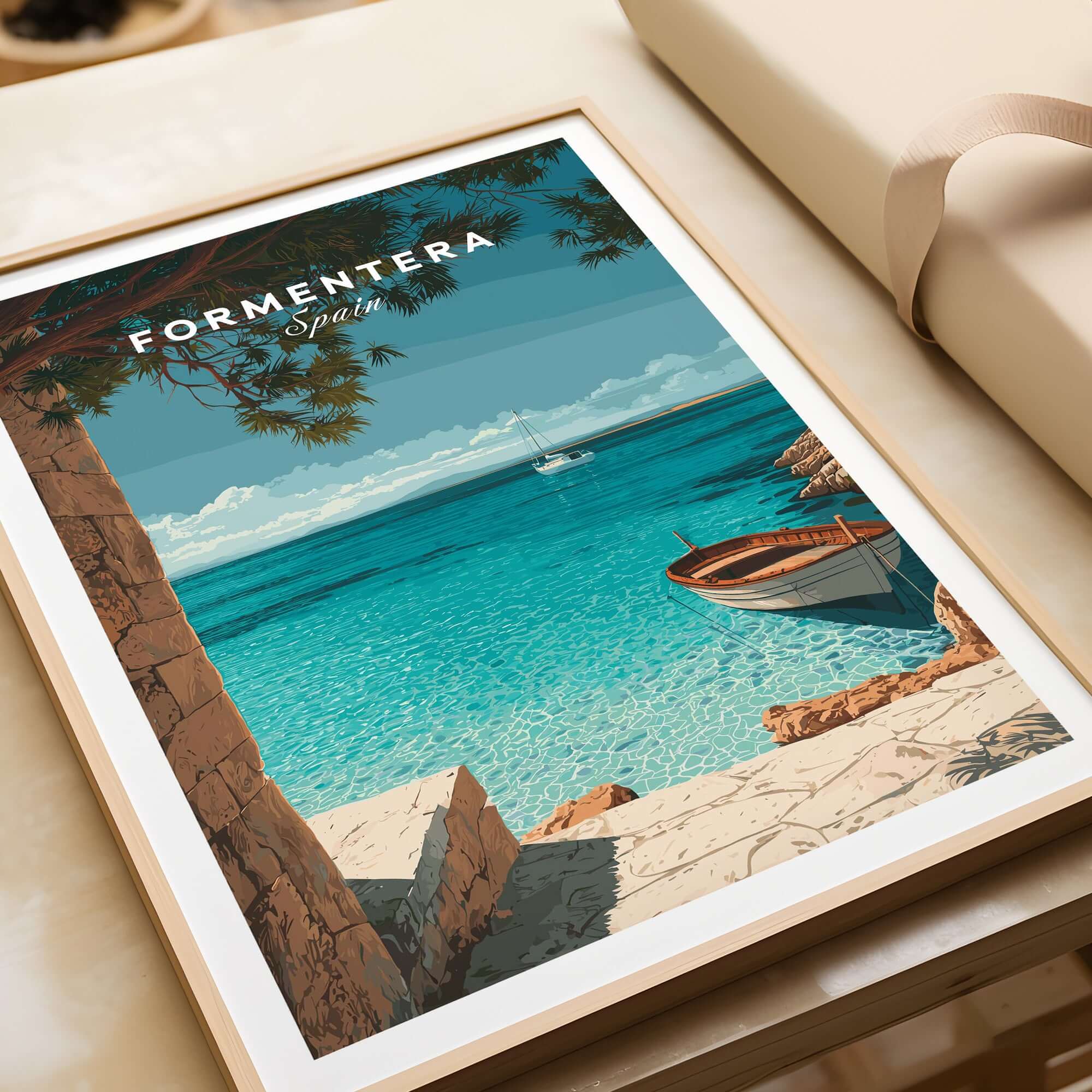 Formentera Balearic Island Seascape Print | Tranquil Coastal Decor showcasing serene blue waters and boats.