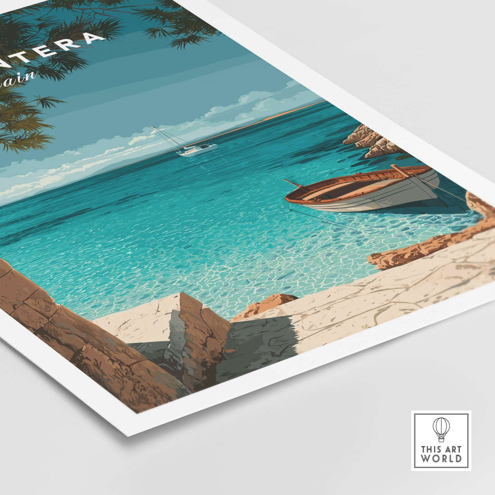 Formentera Balearic Island Seascape Print | Tranquil Coastal Decor featuring a serene boat on turquoise water.