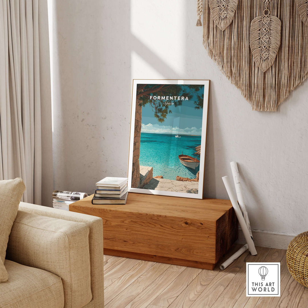 Formentera Balearic Island Seascape Print | Tranquil Coastal Decor displayed in a stylish living room setting.
