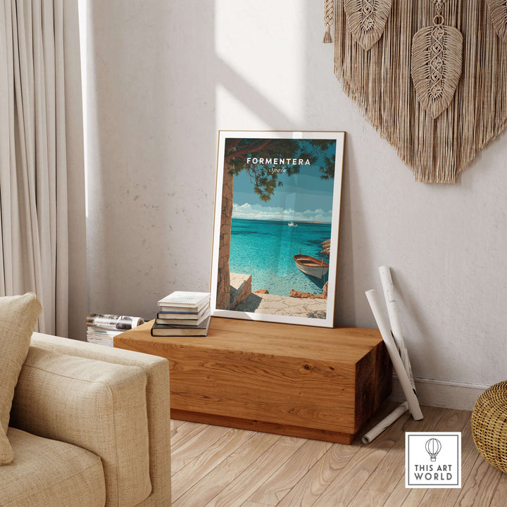 Formentera Balearic Island Seascape Print | Tranquil Coastal Decor displayed in a stylish living room setting.