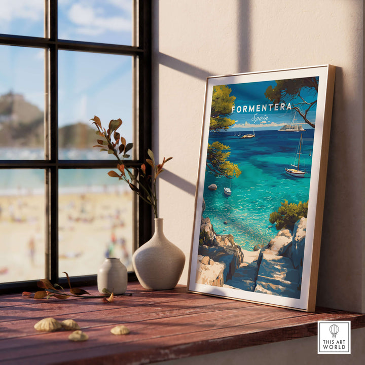 Formentera Poster - Balearic Print | Mediterranean Travel Wall Art displayed on a sunny windowsill with a view of the beach.