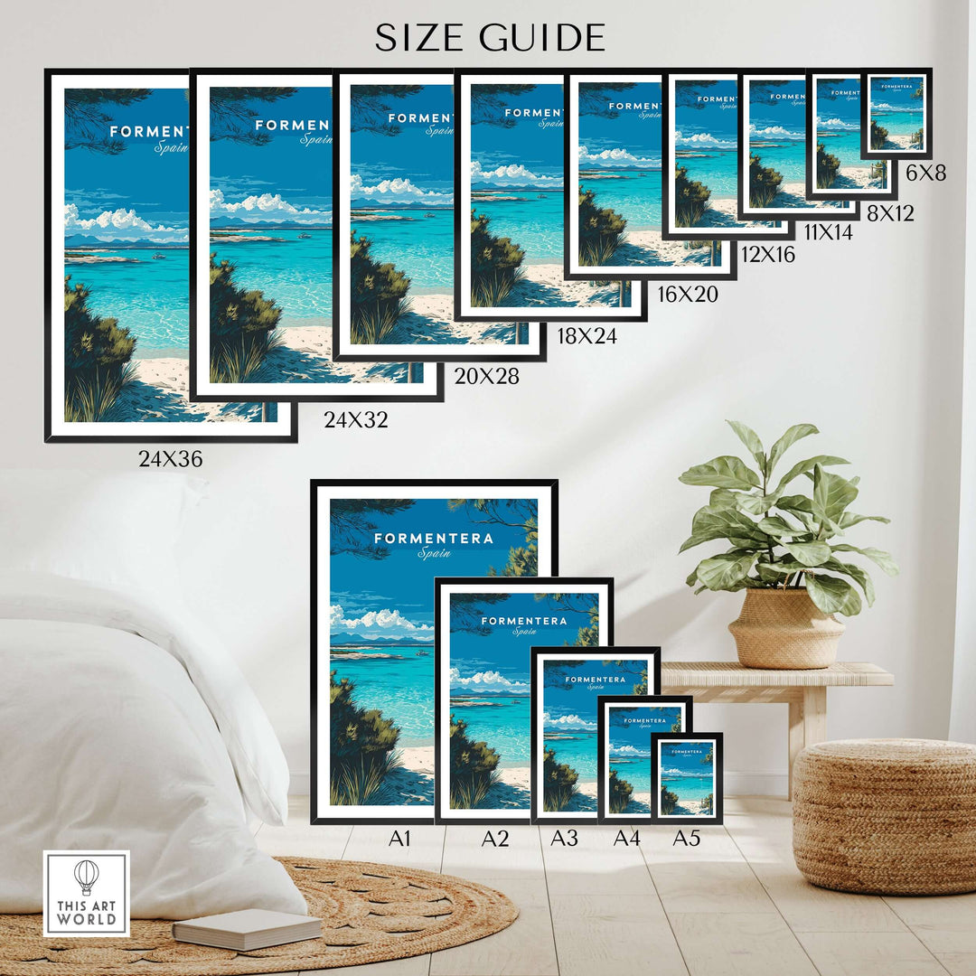 Formentera Balearic Clear Sea Landscape Print | Coastal Home Wall Art Size Guide showcasing various frame sizes on a wall.