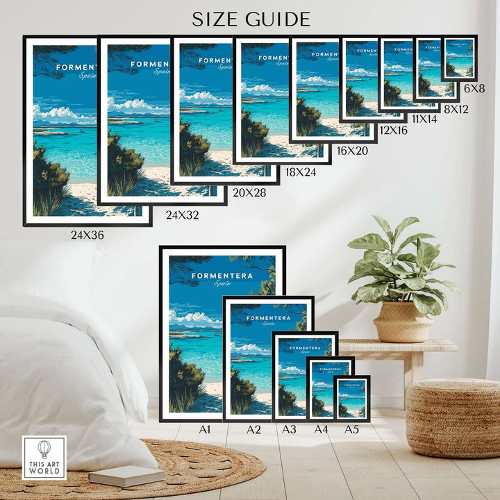 Formentera Balearic Clear Sea Landscape Print | Coastal Home Wall Art Size Guide showcasing various frame sizes on a wall.