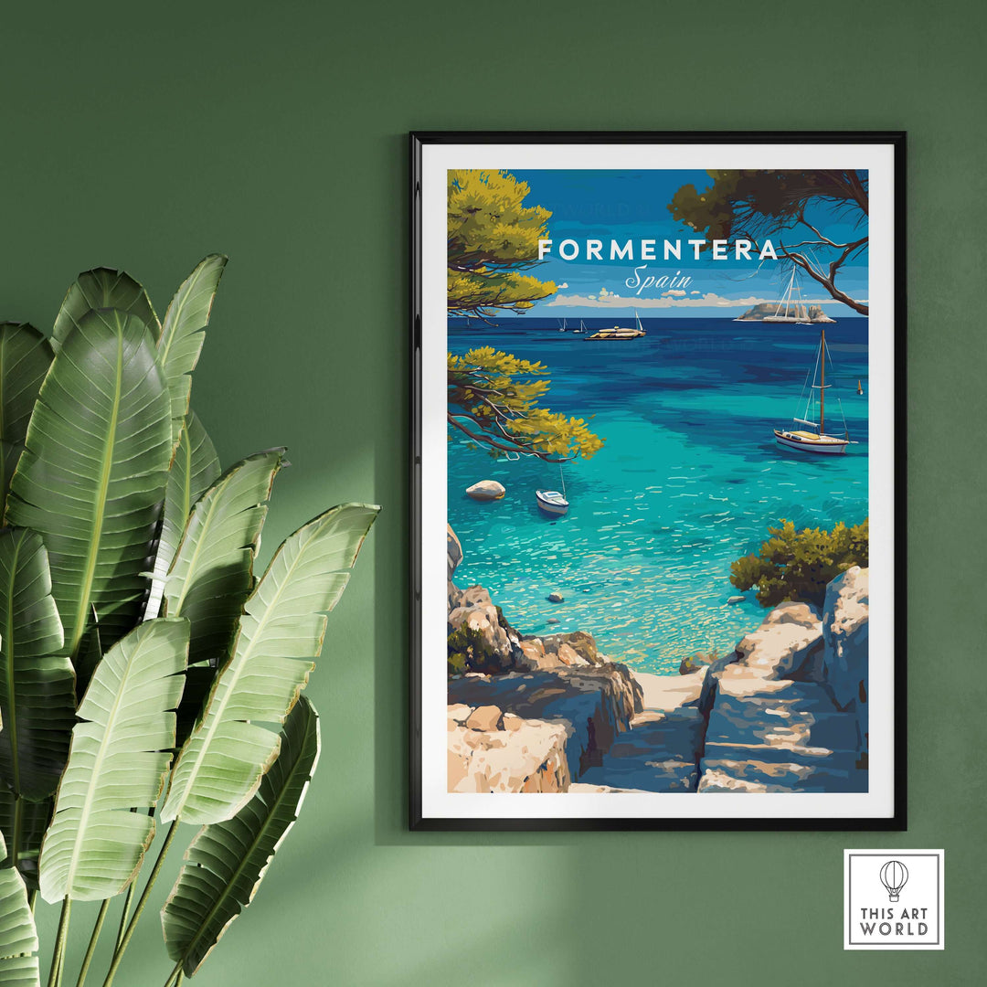 Formentera Poster - Balearic Print | Mediterranean Travel Wall Art featuring crystal-clear waters and lush greenery.