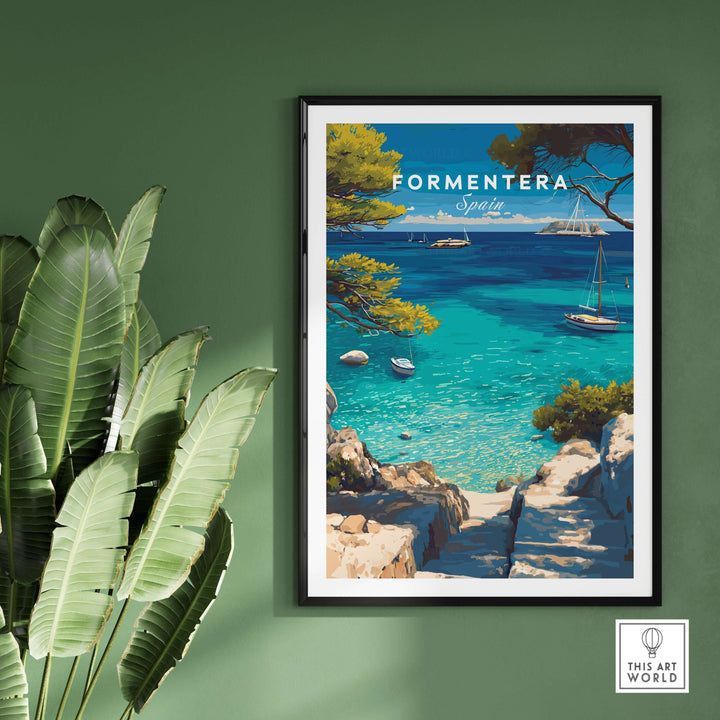 Formentera Poster - Balearic Print | Mediterranean Travel Wall Art featuring crystal-clear waters and lush greenery.