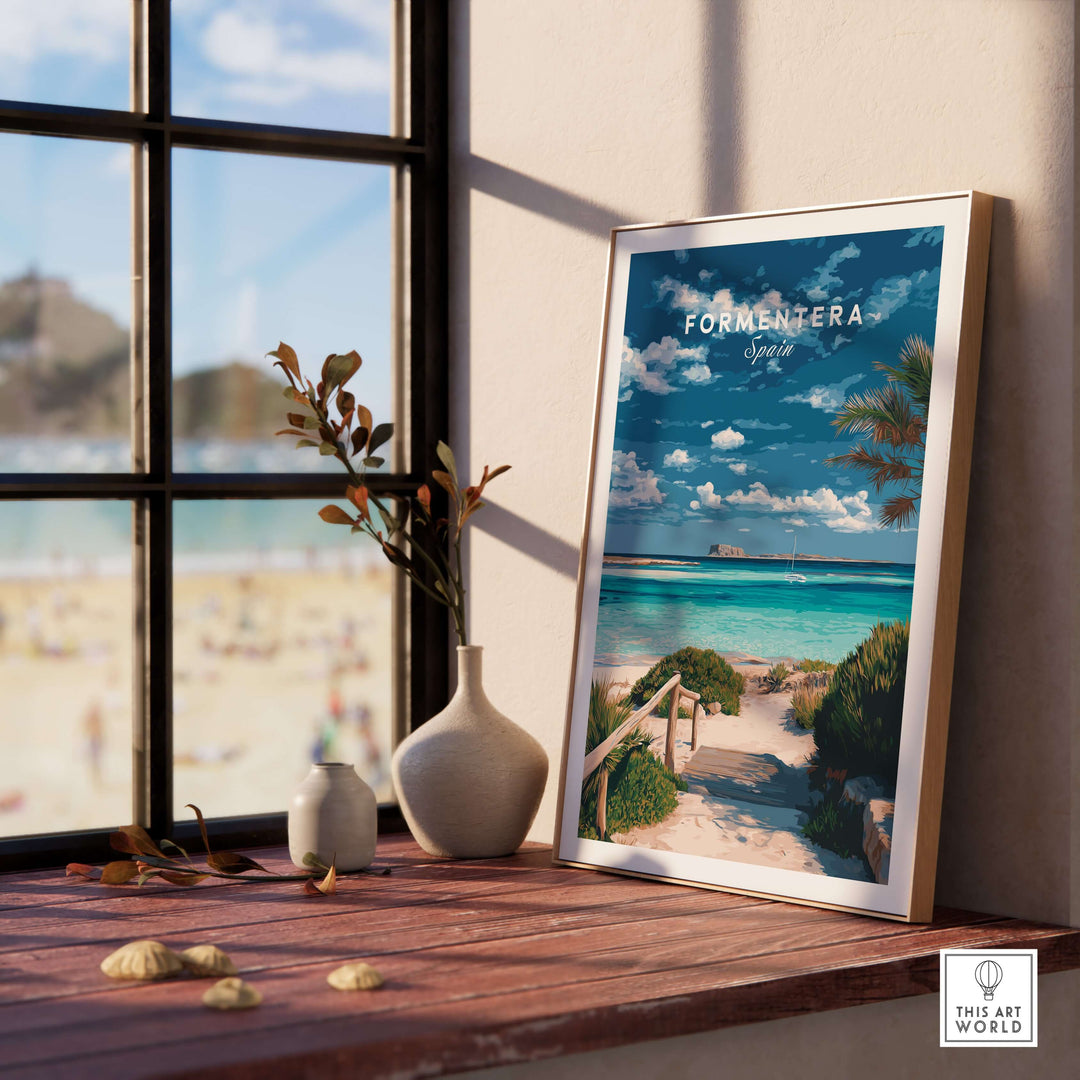 Formentera Blue Water Print | Balearic Island Home Decor displayed in a stylish interior with coastal view.