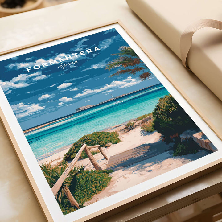 Formentera Blue Water Print | Balearic Island Home Decor showcasing vibrant blue waters and coastal scenery.