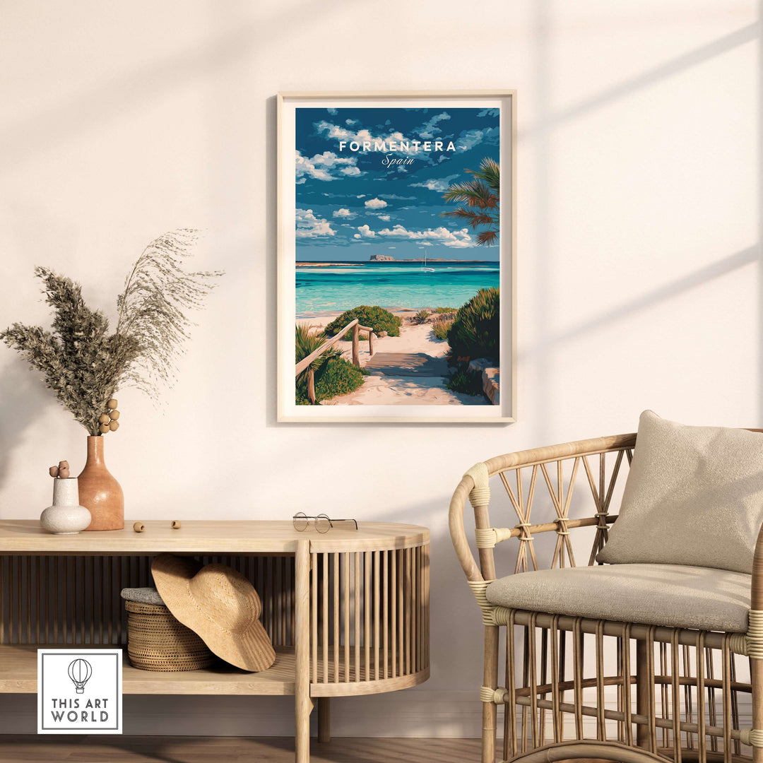 Formentera Blue Water Print | Balearic Island Home Decor displayed in a stylish interior with coastal vibes.
