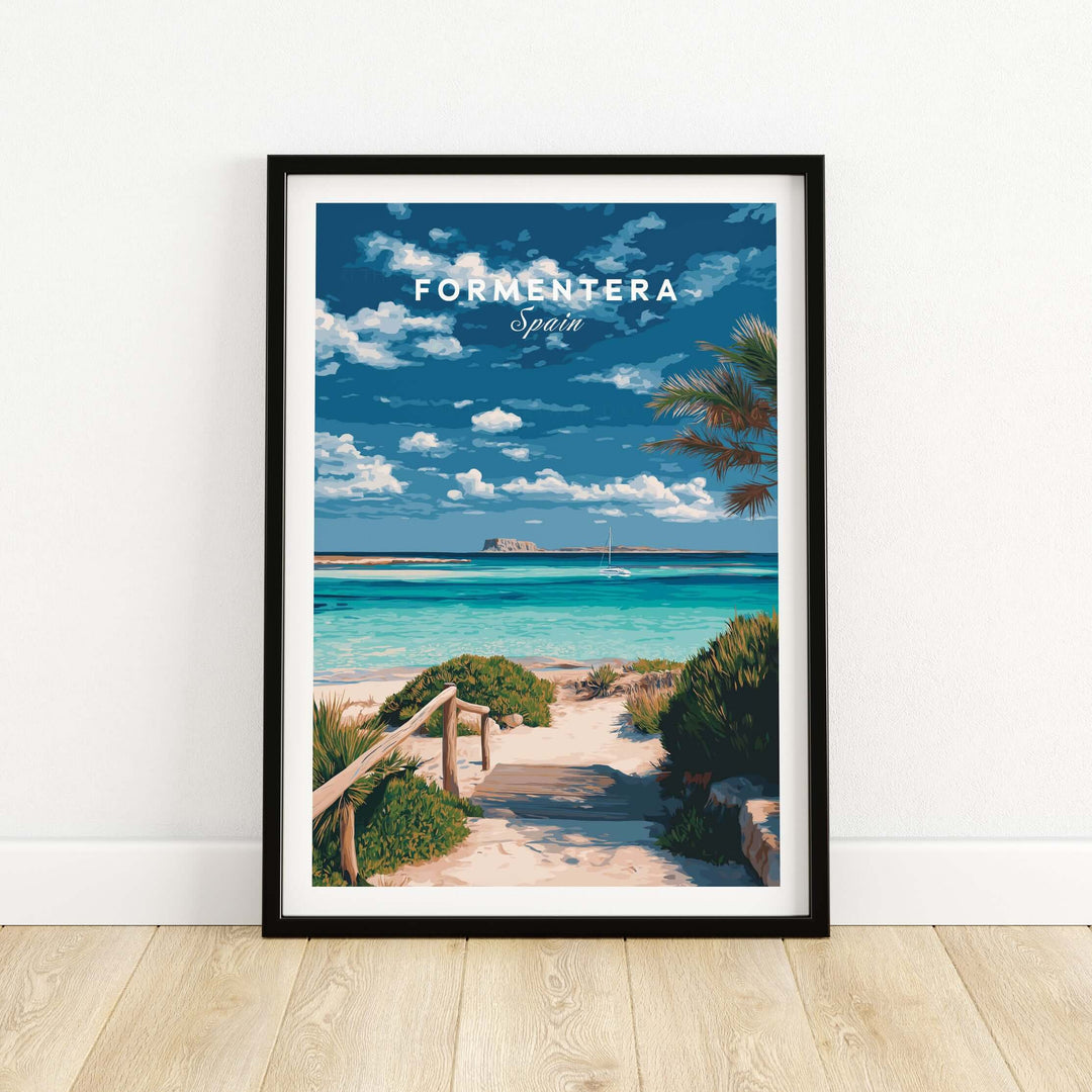 Formentera Blue Water Print | Balearic Island Home Decor featuring vibrant coastal scenery.