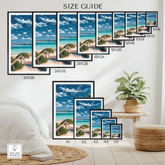 Formentera Blue Water Print | Balearic Island Home Decor size guide showcasing various frame sizes.