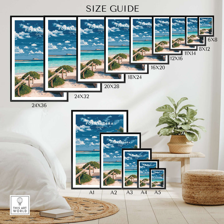 Formentera Blue Water Print | Balearic Island Home Decor size guide with various frame dimensions.