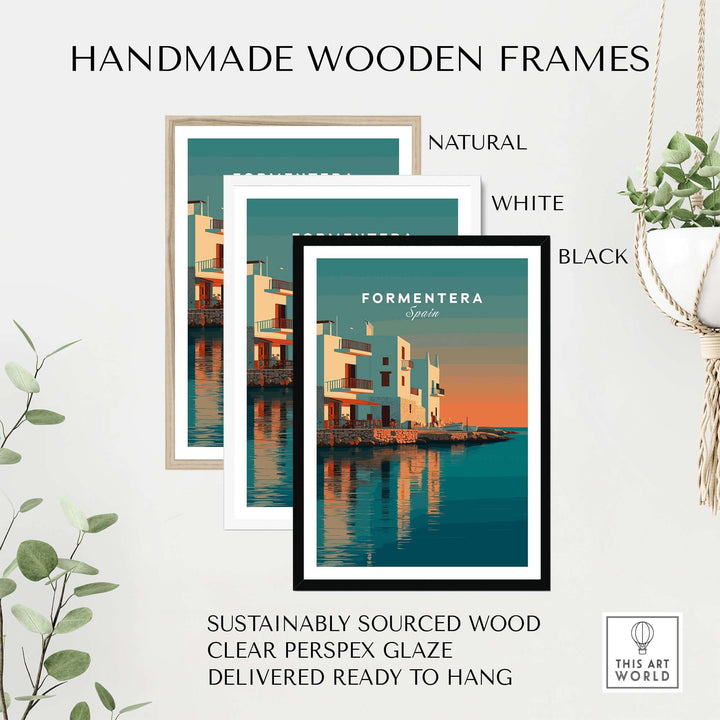 Formentera Coastal Building Reflection Print | Romantic Sea Wall Decor framed in natural, white, and black wooden frames.