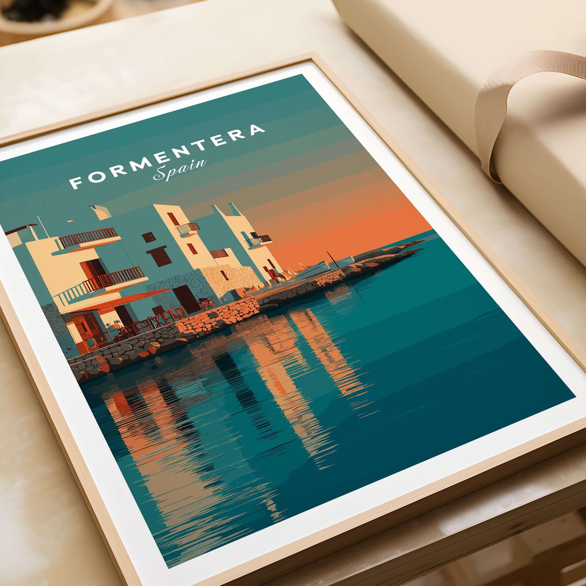 Formentera Coastal Building Reflection Print | Romantic Sea Wall Decor featuring a serene coastal architecture.