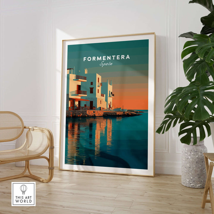 Formentera Coastal Building Reflection Print | Romantic Sea Wall Decor displayed in a stylish interior setting.