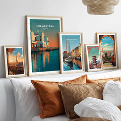 Formentera Coastal Building Reflection Print | Romantic Sea Wall Decor displayed in elegant frames on a stylish living room wall.