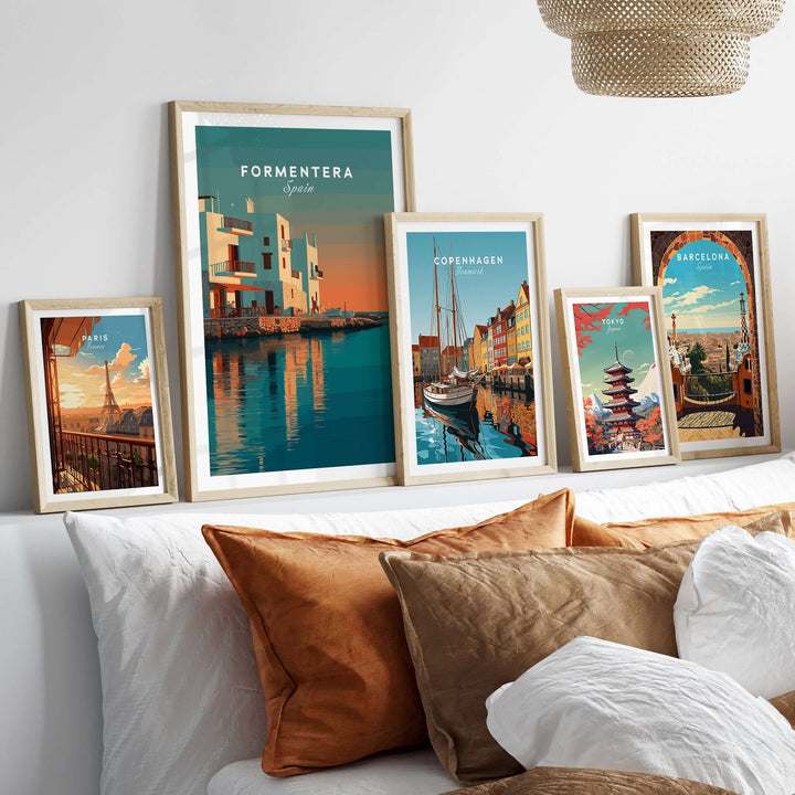 Formentera Coastal Building Reflection Print | Romantic Sea Wall Decor displayed with other travel prints on a stylish wall.