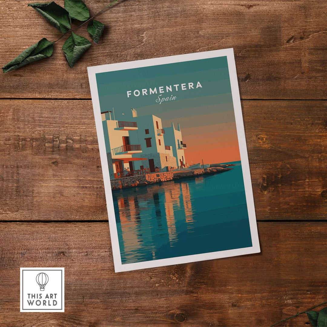 Formentera Coastal Building Reflection Print | Romantic Sea Wall Decor showcasing serene architecture and tranquil waters.