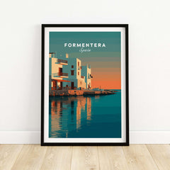 Formentera Coastal Building Reflection Print | Romantic Sea Wall Decor framed artwork showcasing coastal architecture at sunset.