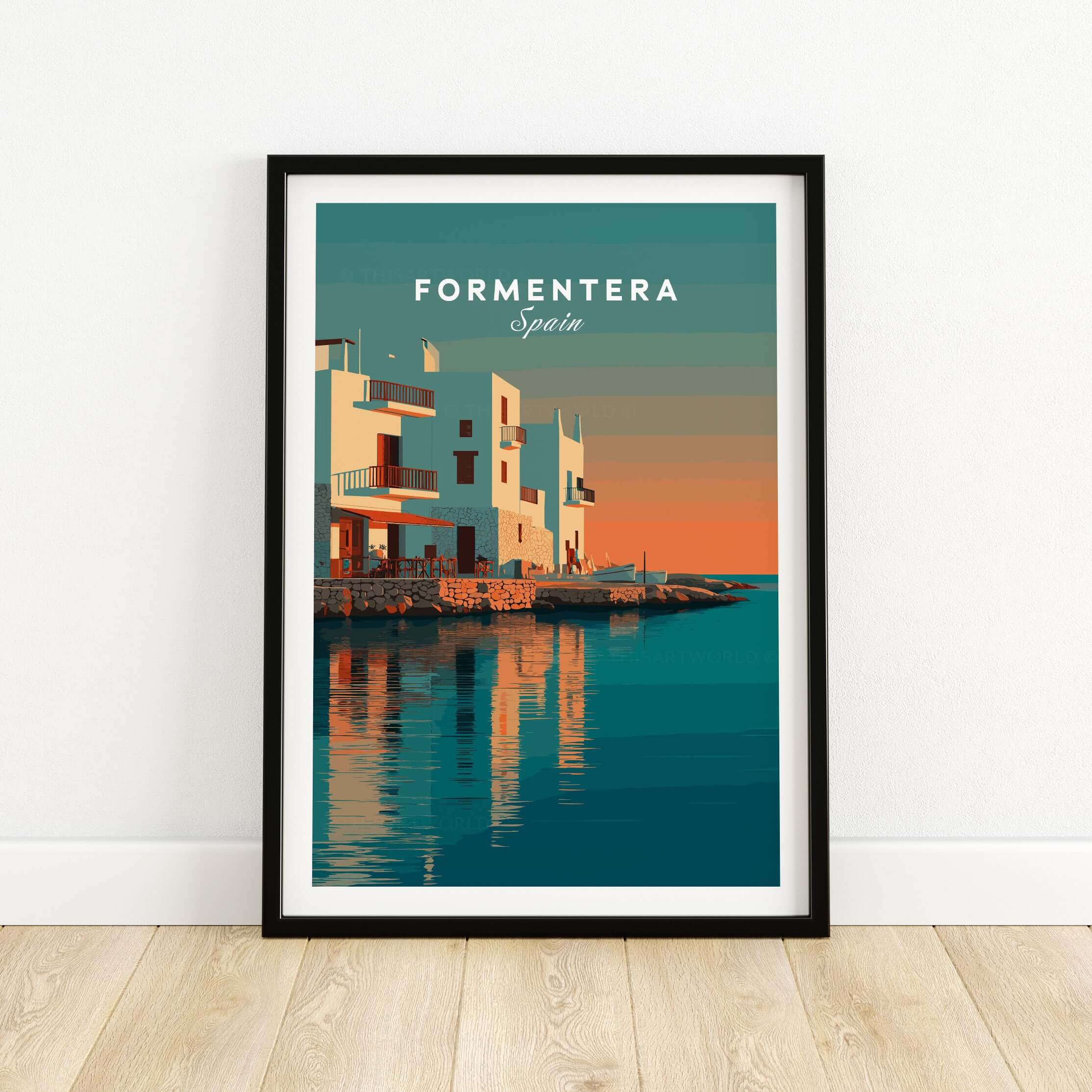 Formentera Coastal Building Reflection Print | Romantic Sea Wall Decor framed artwork showcasing coastal architecture at sunset.