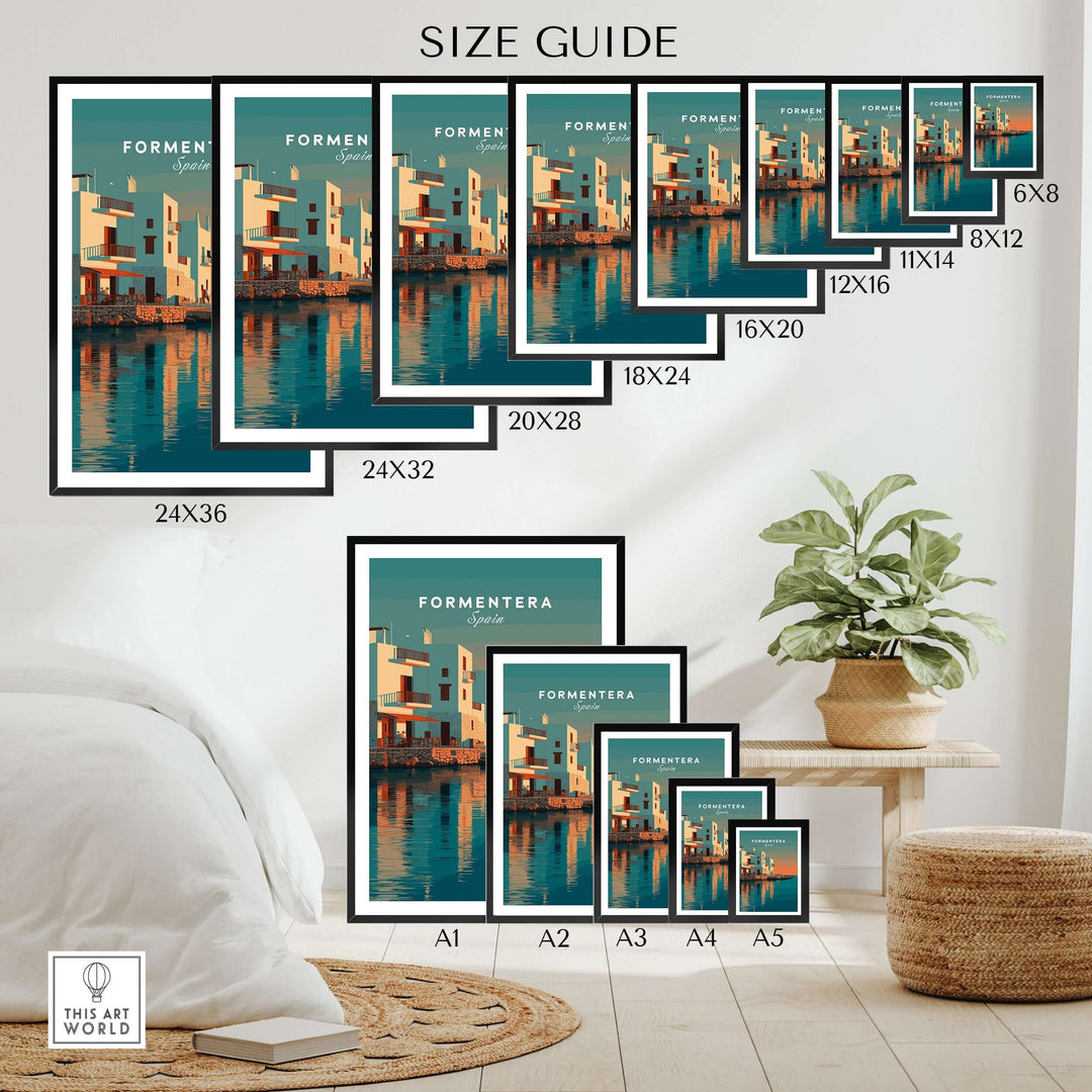 Formentera Coastal Building Reflection Print | Romantic Sea Wall Decor size guide showing various print dimensions.