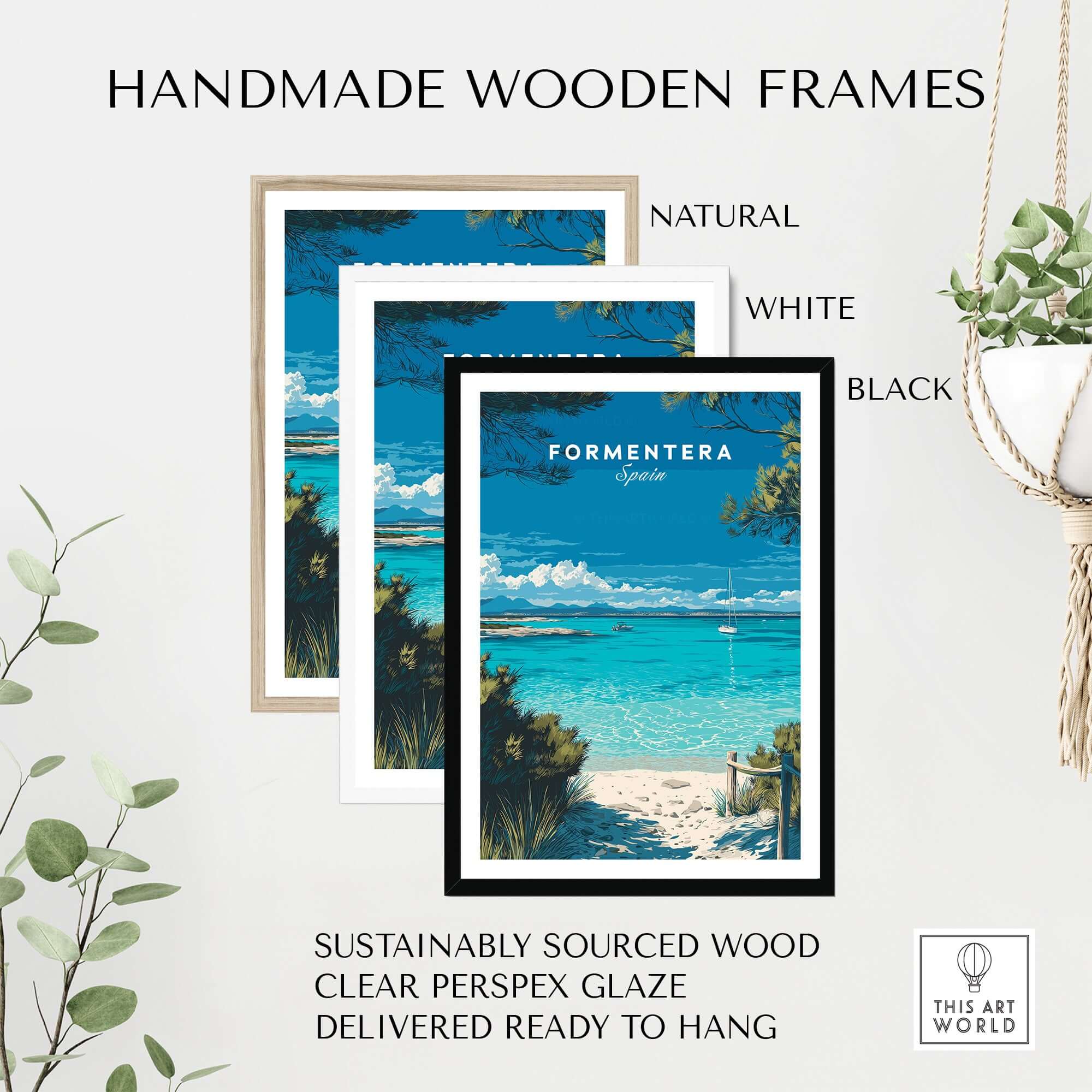 Handmade wooden frames for Formentera Balearic Clear Sea Landscape Print | Coastal Home Wall Art, sustainably sourced wood.