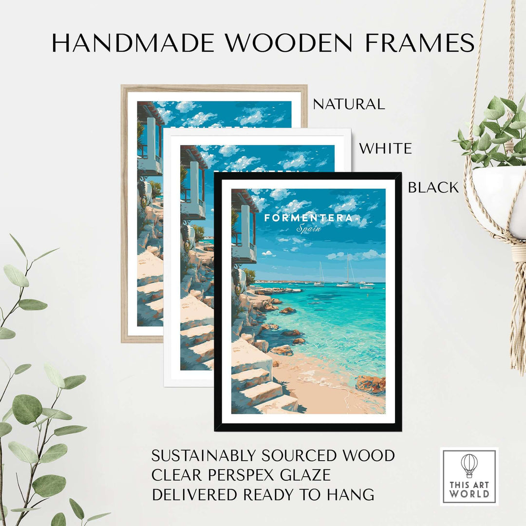 Formentera Mediterranean Sea View Print | Luxury Coastal Wall Decor displayed in handmade wooden frames.
