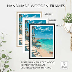 Handmade wooden frames in natural, white, and black for Formentera Mediterranean Sea View Print | Luxury Coastal Wall Decor.
