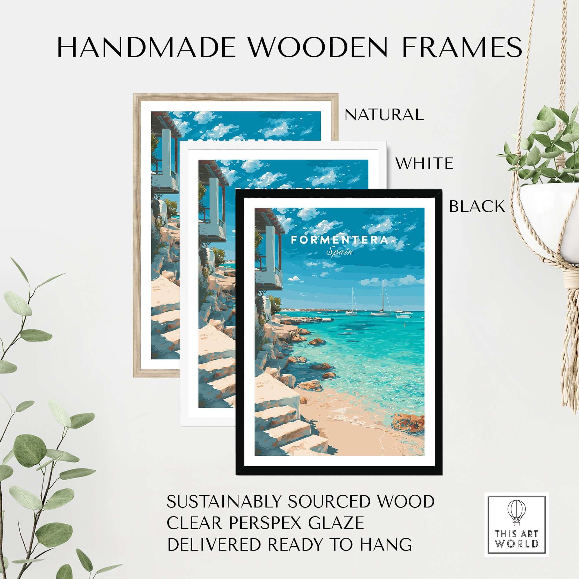 Handmade wooden frames in natural, white, and black for Formentera Mediterranean Sea View Print | Luxury Coastal Wall Decor.
