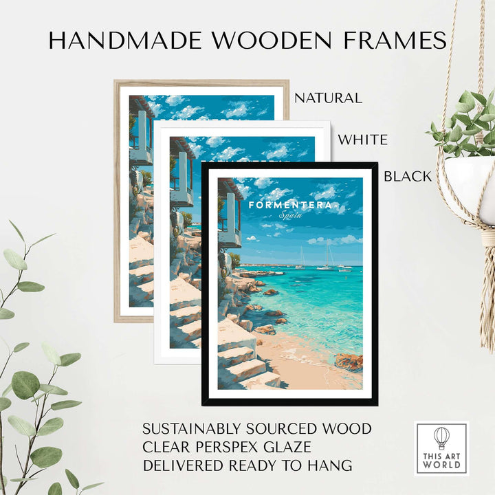 Formentera Mediterranean Sea View Print | Luxury Coastal Wall Decor displayed in handmade wooden frames.
