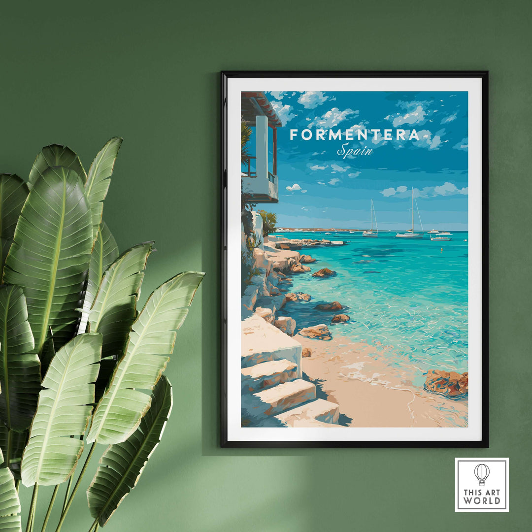 Formentera Mediterranean Sea View Print | Luxury Coastal Wall Decor on a green wall with tropical plants.
