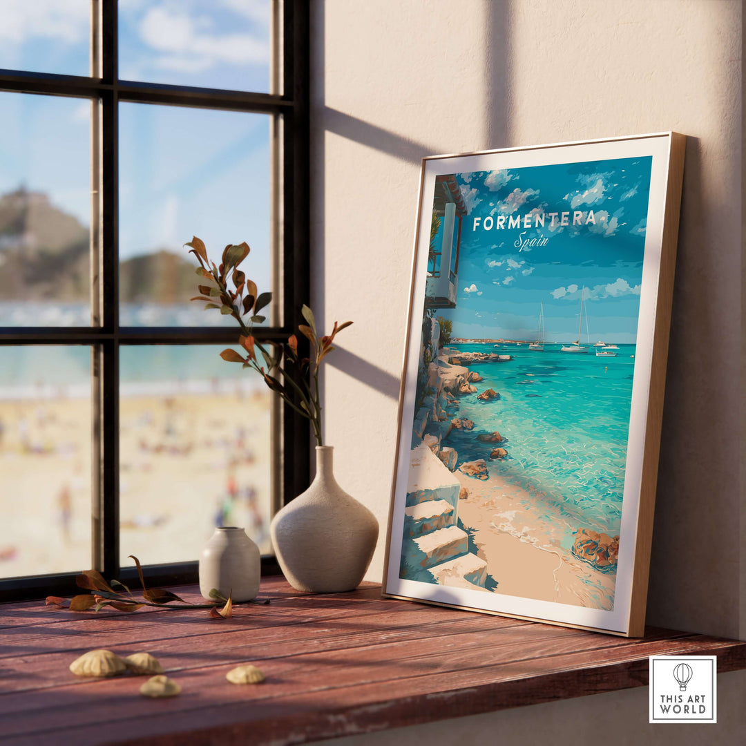 Formentera Mediterranean Sea View Print | Luxury Coastal Wall Decor displayed in a beautiful indoor setting.