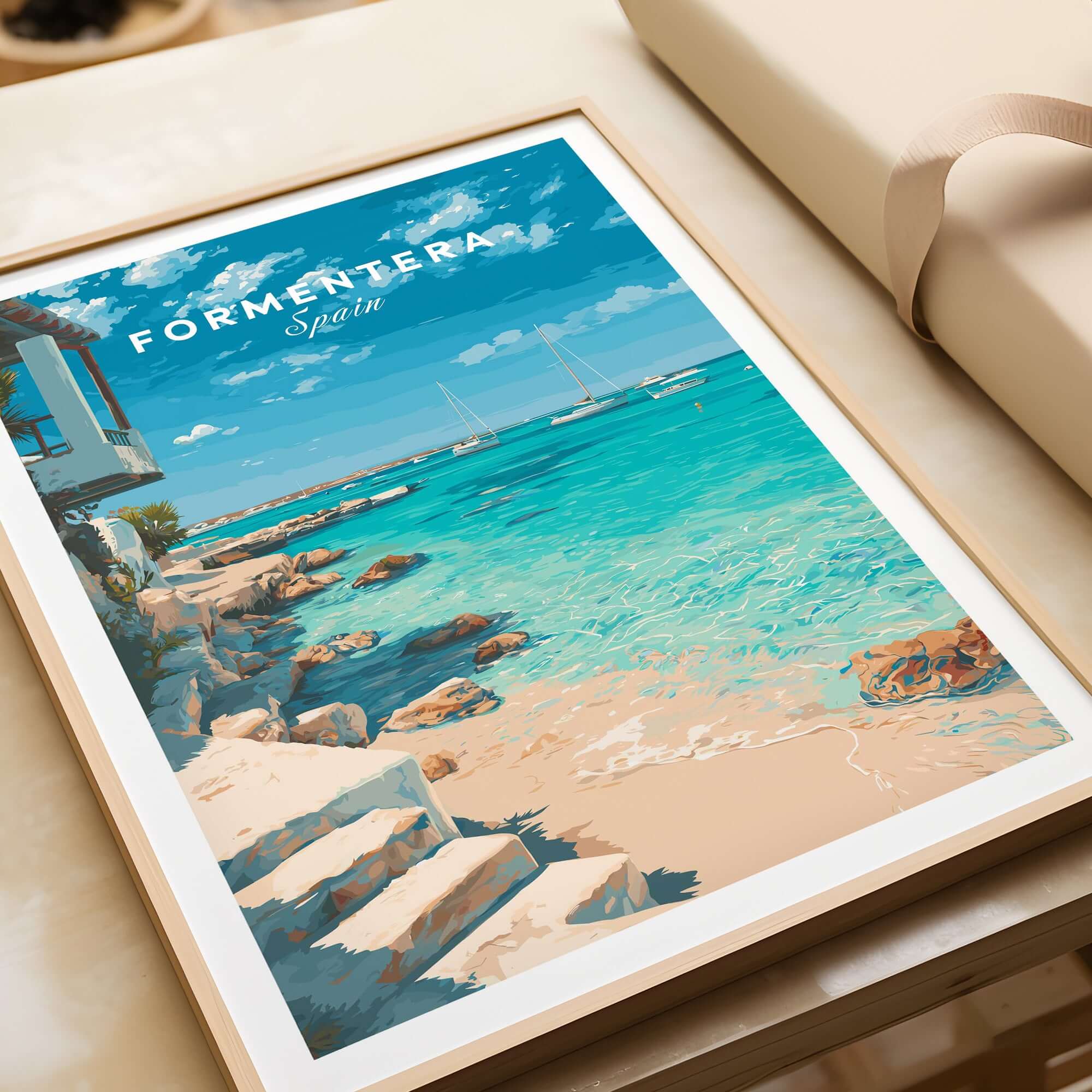 Formentera Mediterranean Sea View Print | Luxury Coastal Wall Decor showcasing serene blue waters and beach.