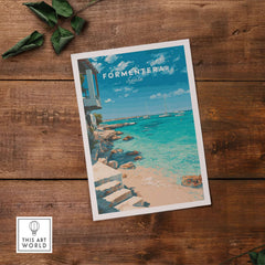 Formentera Mediterranean Sea View Print | Luxury Coastal Wall Decor featured on a rustic wooden table.