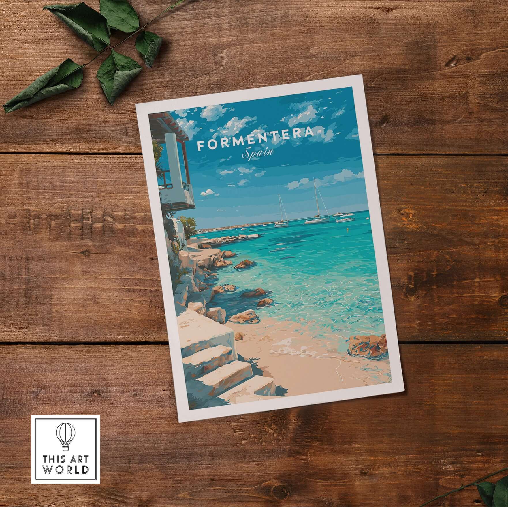 Formentera Mediterranean Sea View Print | Luxury Coastal Wall Decor featured on a rustic wooden table.