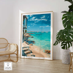 Formentera Mediterranean Sea View Print | Luxury Coastal Wall Decor displayed in a modern living space with turquoise water.