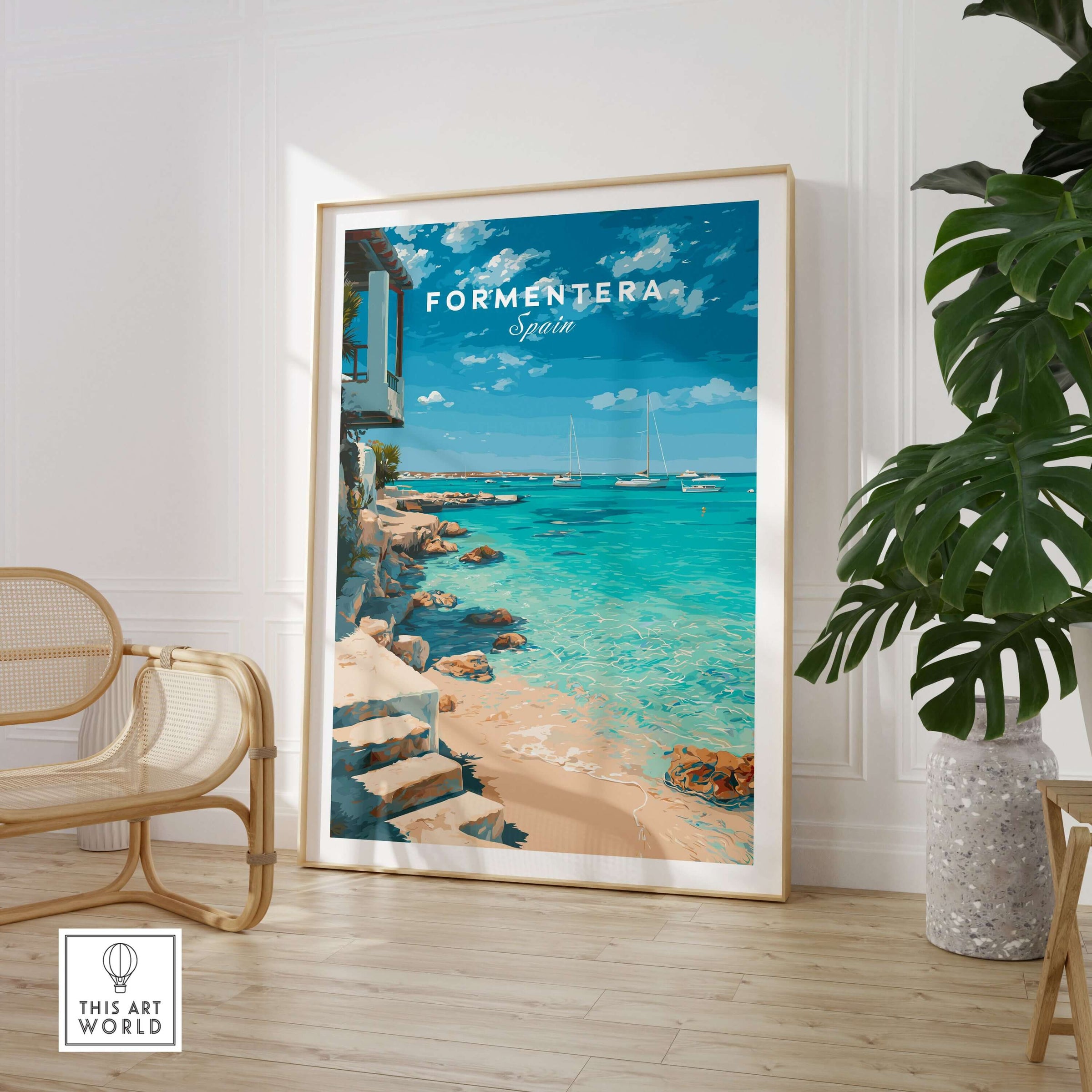 Formentera Mediterranean Sea View Print | Luxury Coastal Wall Decor displayed in a modern living space with turquoise water.