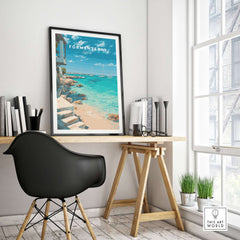 Formentera Mediterranean Sea View Print | Luxury Coastal Wall Decor displayed in a modern workspace with scenic view.