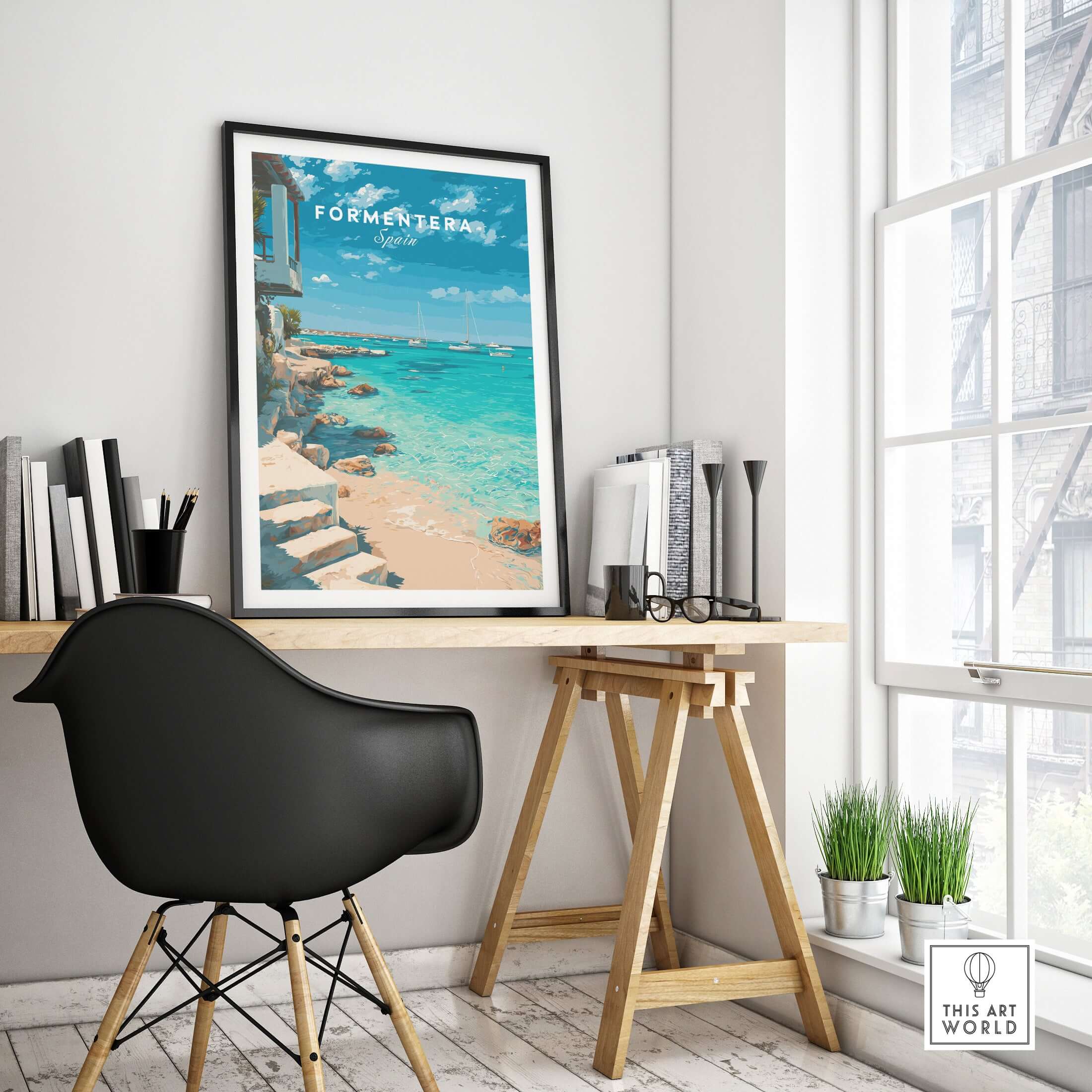 Formentera Mediterranean Sea View Print | Luxury Coastal Wall Decor displayed in a modern workspace with scenic view.