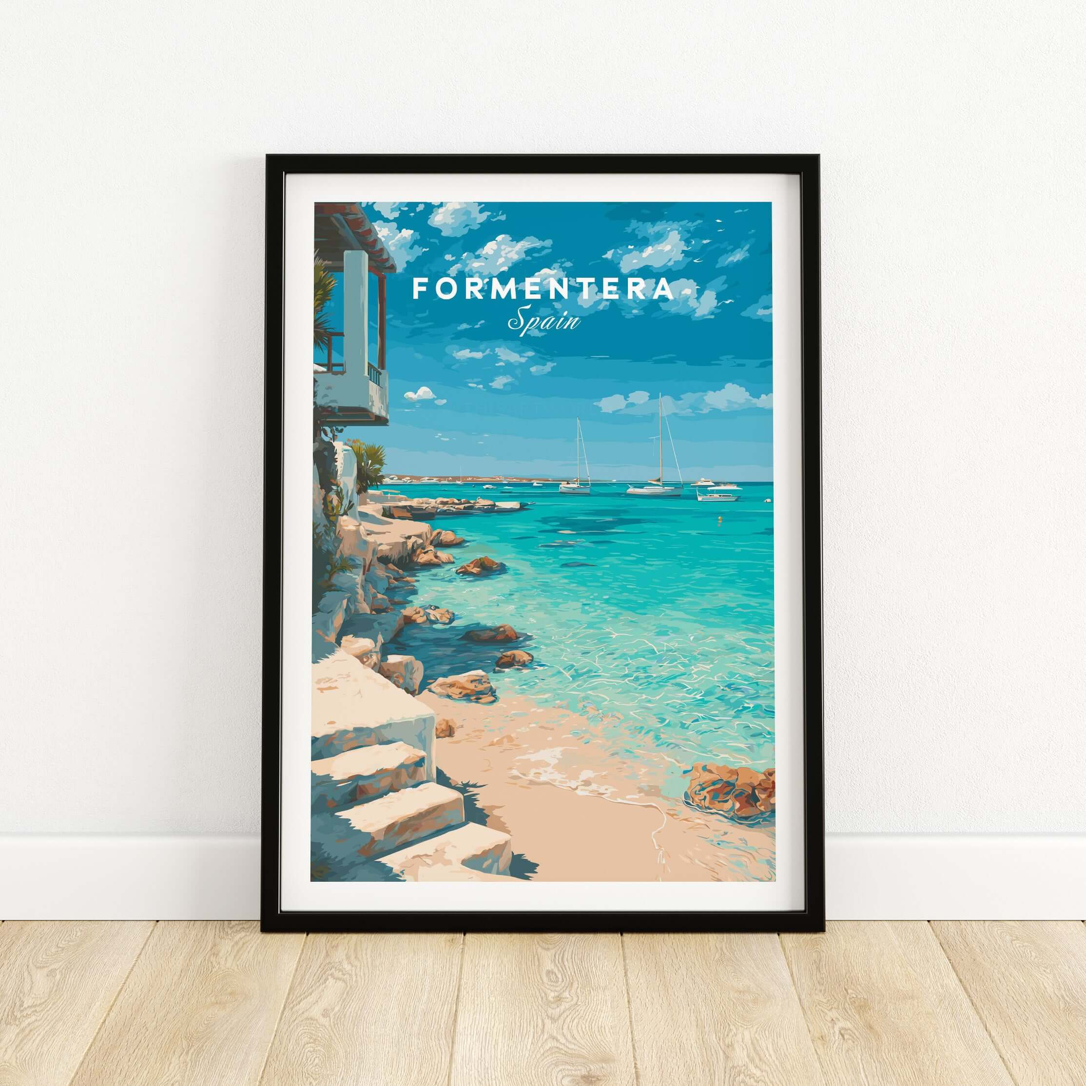 Formentera Mediterranean Sea View Print | Luxury Coastal Wall Decor featuring a stunning seaside scene with turquoise waters.