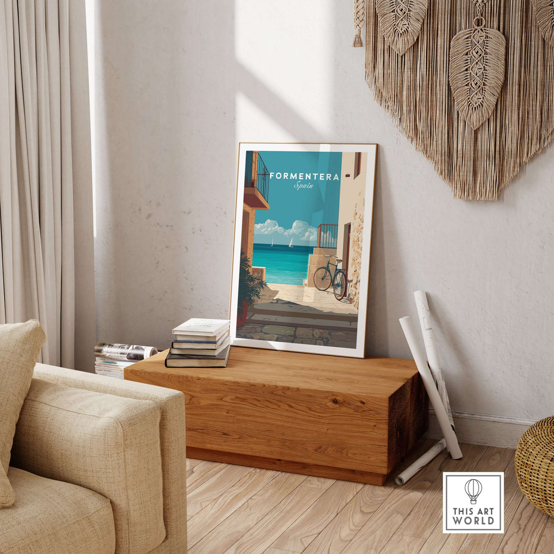 Formentera Old Town Sea View Print | Mediterranean Holiday Wall Art displayed in a cozy living room setting.