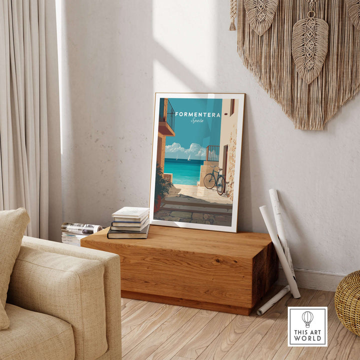 Formentera Old Town Sea View Print | Mediterranean Holiday Wall Art displayed in a cozy living room setting.