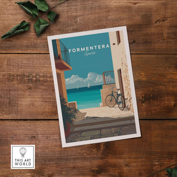 Formentera Old Town Sea View Print | Mediterranean Holiday Wall Art featuring coastal scenery and a bicycle.