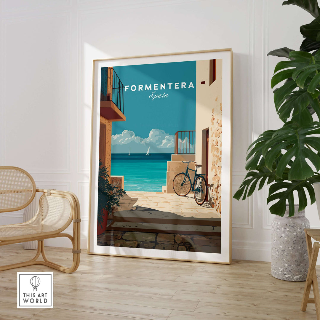 Formentera Old Town Sea View Print | Mediterranean Holiday Wall Art showcasing a scenic coastal view and bike.