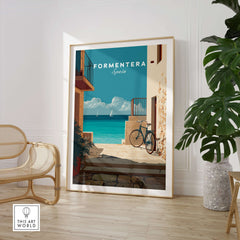 Formentera Old Town Sea View Print | Mediterranean Holiday Wall Art framed print showcasing a coastal view in Formentera.