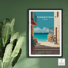 Formentera Old Town Sea View Print | Mediterranean Holiday Wall Art featuring coastal scenery and a bike.