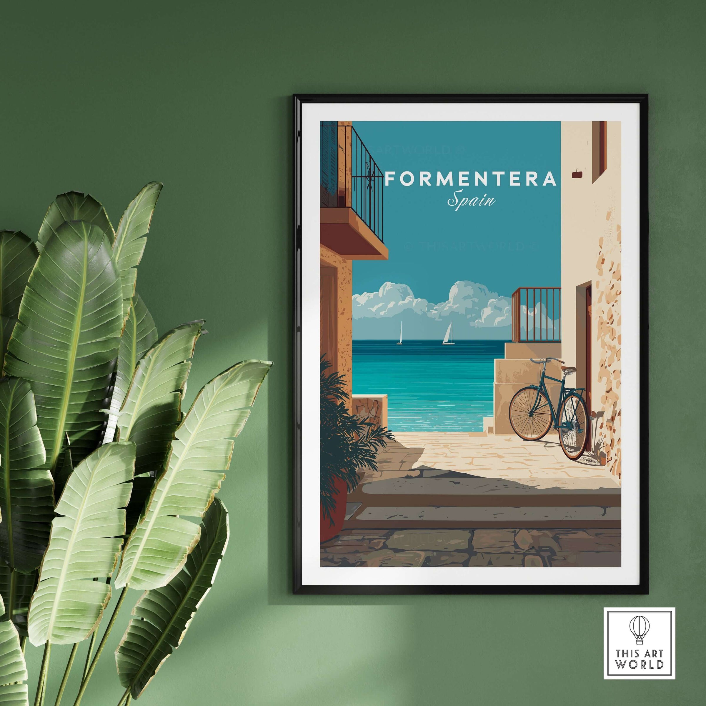 Formentera Old Town Sea View Print | Mediterranean Holiday Wall Art featuring coastal scenery and a bike.