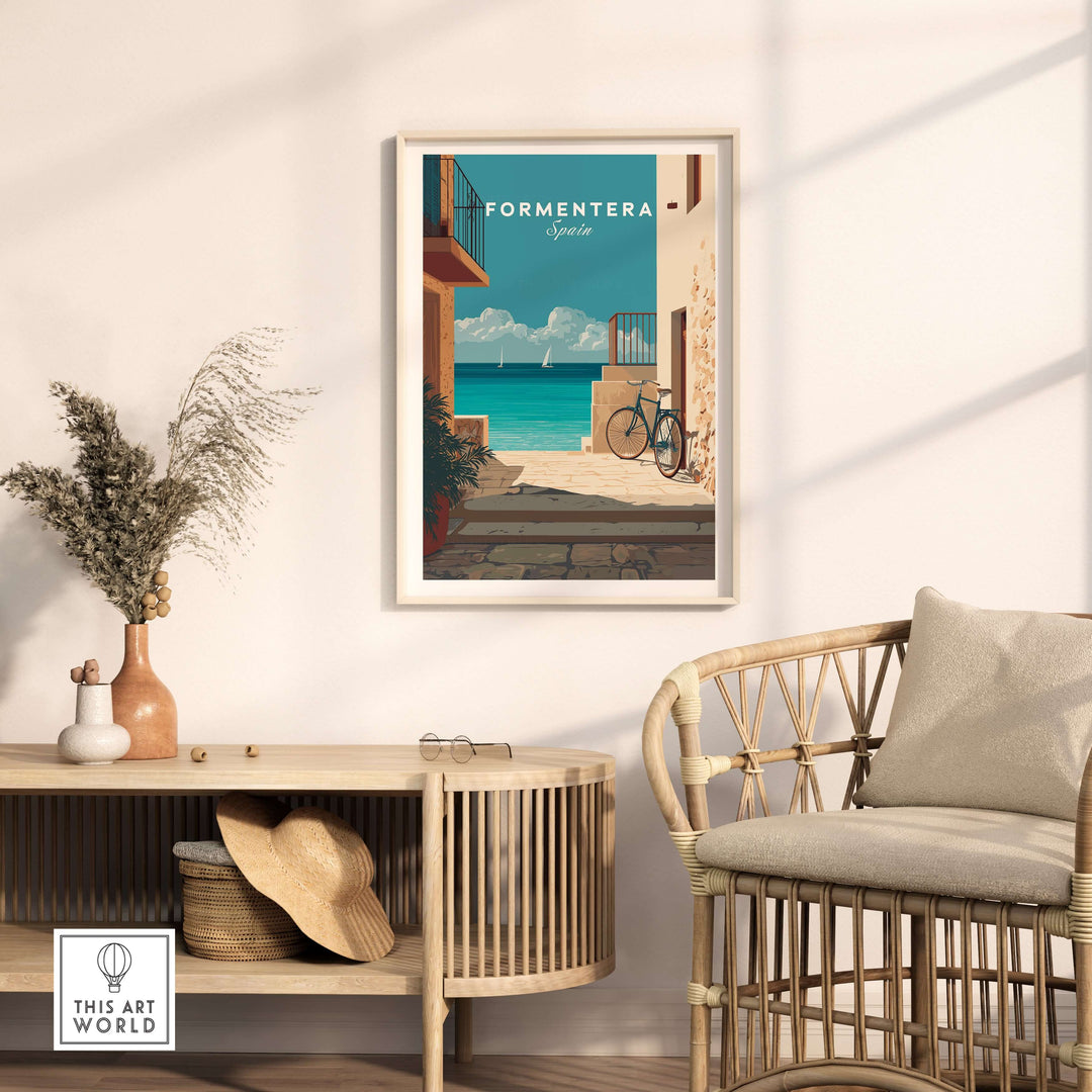 Formentera Old Town Sea View Print | Mediterranean Holiday Wall Art displayed in a cozy living space.