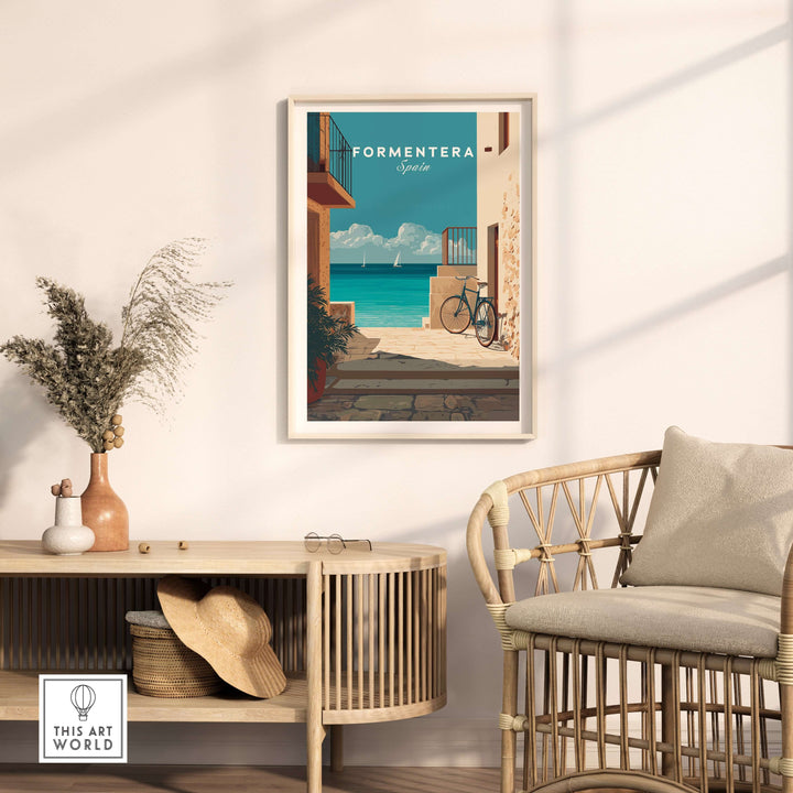 Formentera Old Town Sea View Print | Mediterranean Holiday Wall Art displayed in a cozy living space.