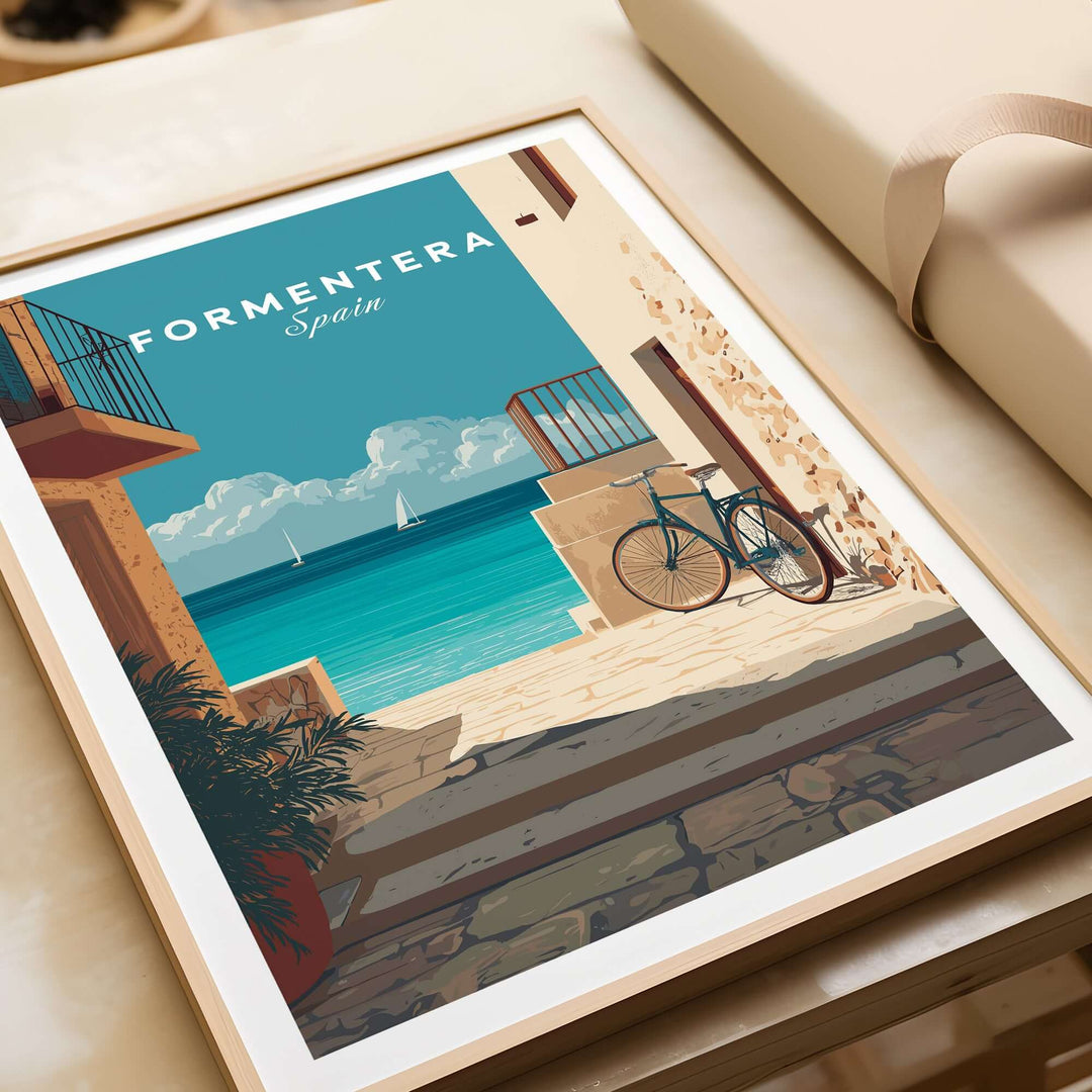 Formentera Old Town Sea View Print | Mediterranean Holiday Wall Art framed print showcasing coastal beauty.