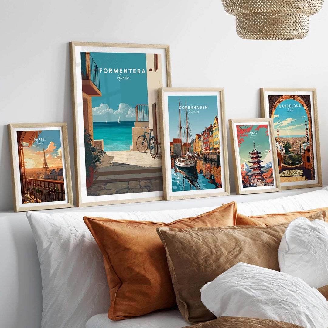 Formentera Old Town Sea View Print | Mediterranean Holiday Wall Art displayed on a cozy wall with other travel-themed prints.